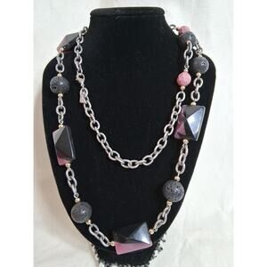 J. Jill Chunky Pink & Black Geometric Stone RoundLava Stone Silver Tone Necklace